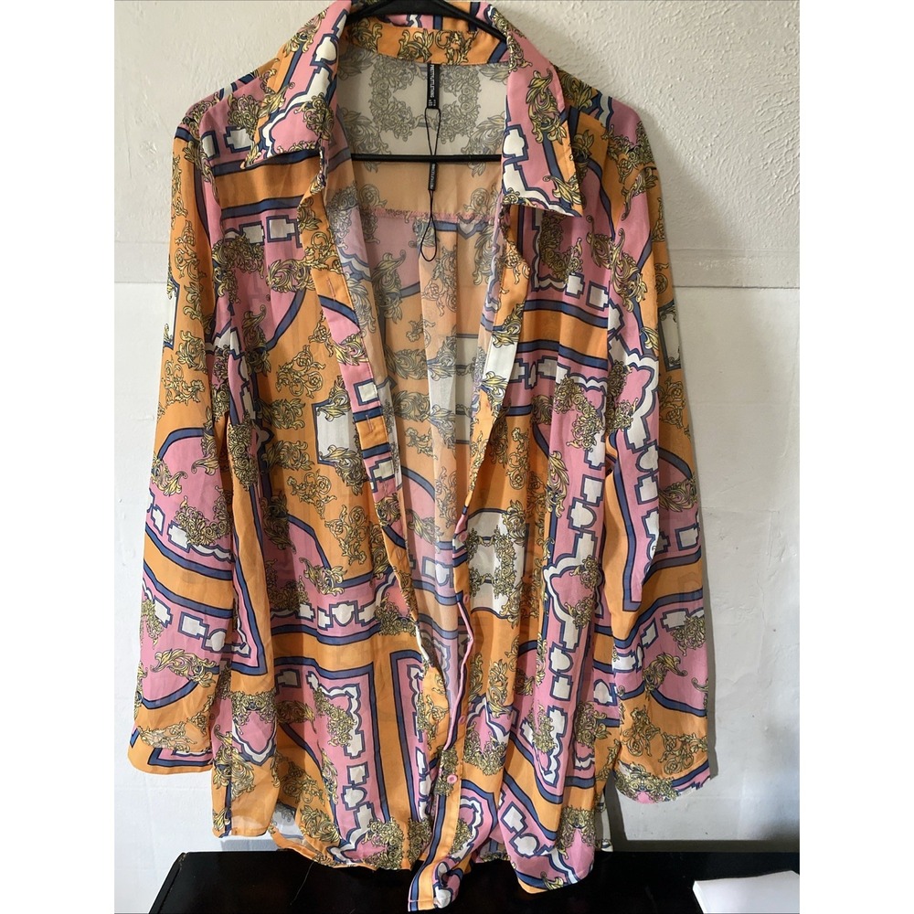 Sheer scarf print Oversized Print Shirt Baroque-Inspired Pattern Orange Pink
